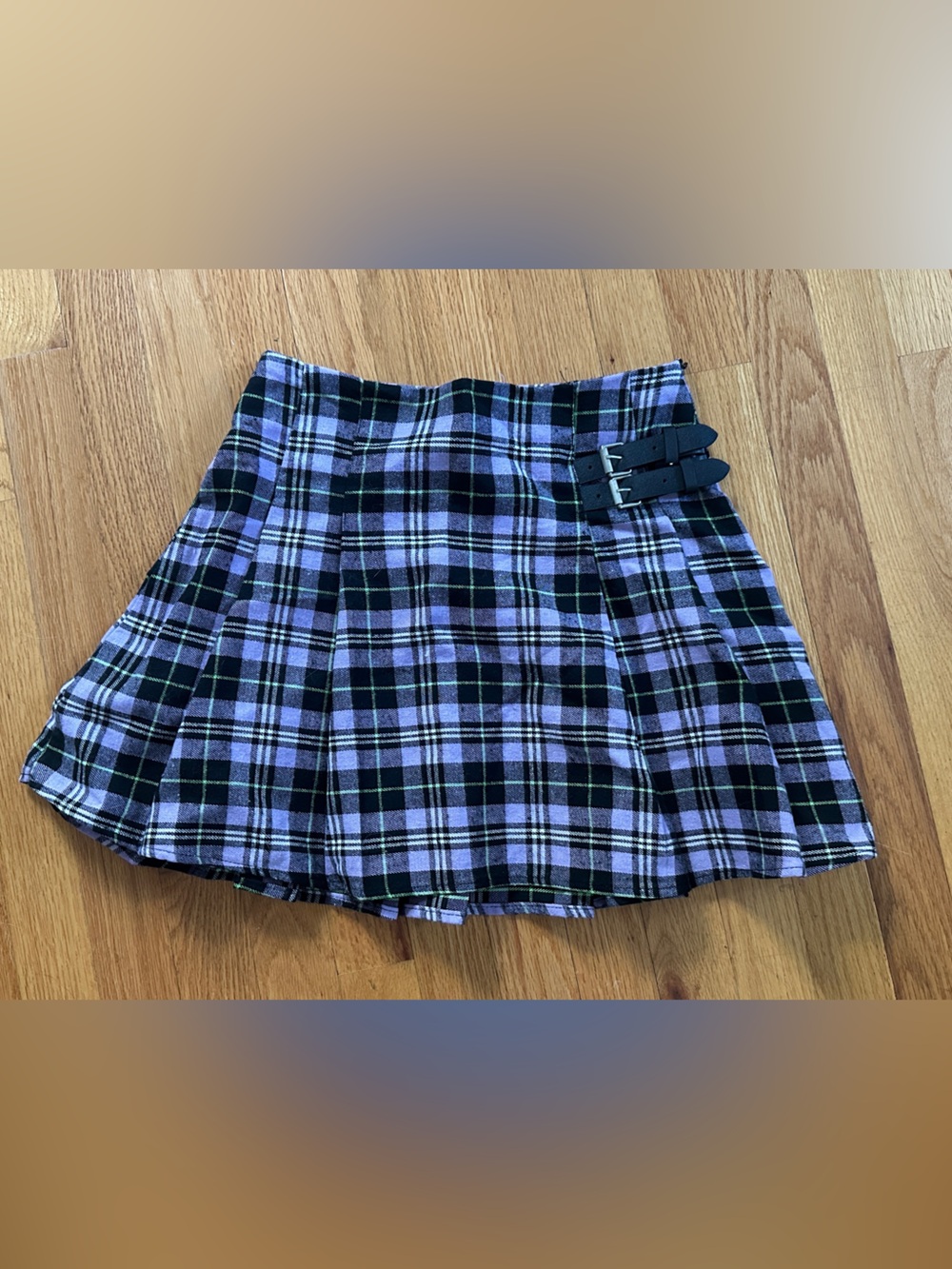 Purple Plaid Mini Skirt with Side Buckle
